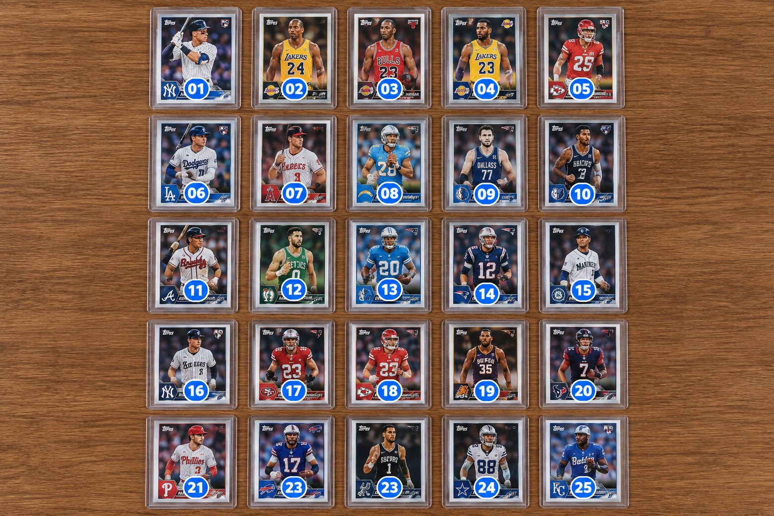 25 sports cards arranged in a 5×5 numbered grid on a table
